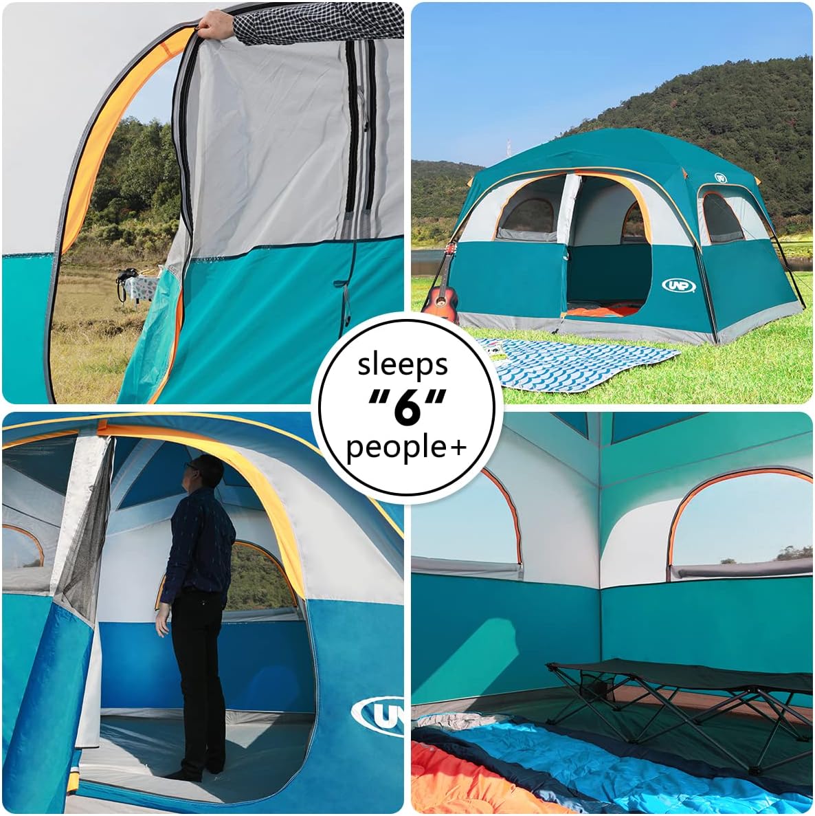 NEW - UNP Tents 6 Person Waterproof Windproof Easy Setup,Double Layer Family Camping Tent with 1 Mesh Door & 5 Large Mesh Windows -10'X9'X78in(H)