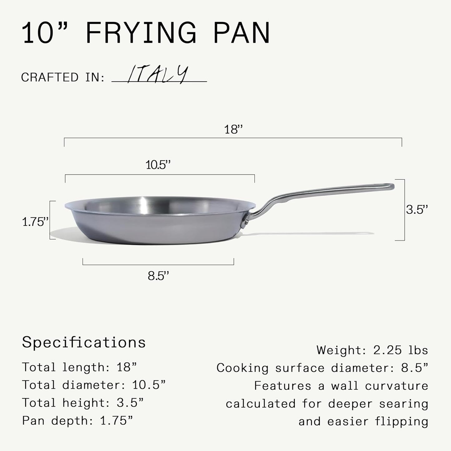 Made In Cookware - 10-Inch Stainless Steel Frying Pan - 5 Ply Stainless Clad - Professional Cookware - Crafted in Italy - Induction Compatible