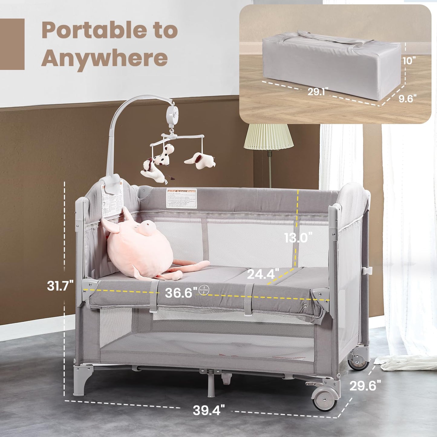 Baby Bassinets Bedside Sleeper, 4 in 1 Portable Bedside Crib w/Mattress, Diaper Changer, Storage Basket, Music Box, Carry Bag, Foldable Playard Sleeper for Newborn (Light Gray)