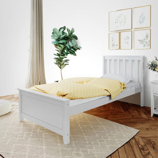 Max & Lily Twin Bed Frame with Slatted Headboard, Solid Wood Platform Bed for Kids, No Box Spring Needed, Easy Assembly, White