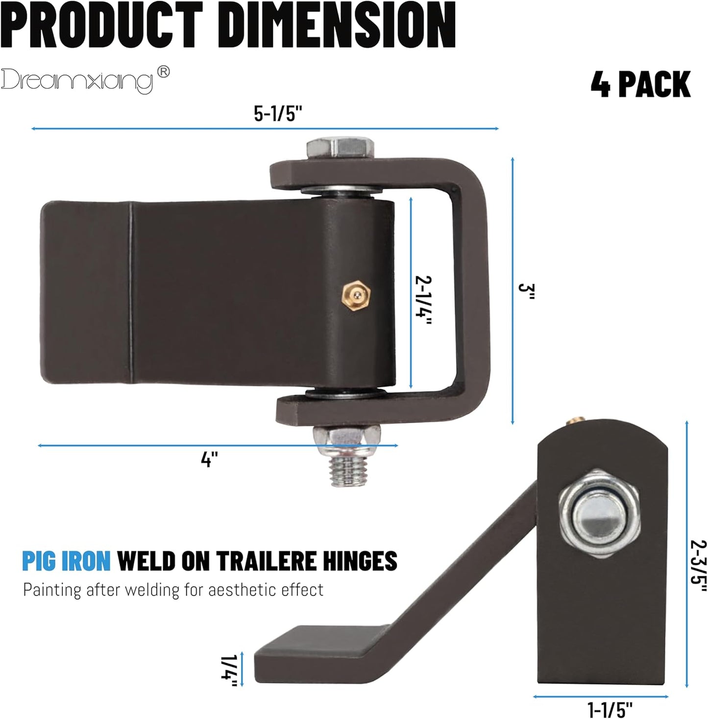 Weld on Trailer Hinges, Heavy Duty Dump Truck Trailer Metal Gate Hinges with Grease Zerk Fitting, Strap Style Short Leaf Truck Gate Hinges (4 Pack)