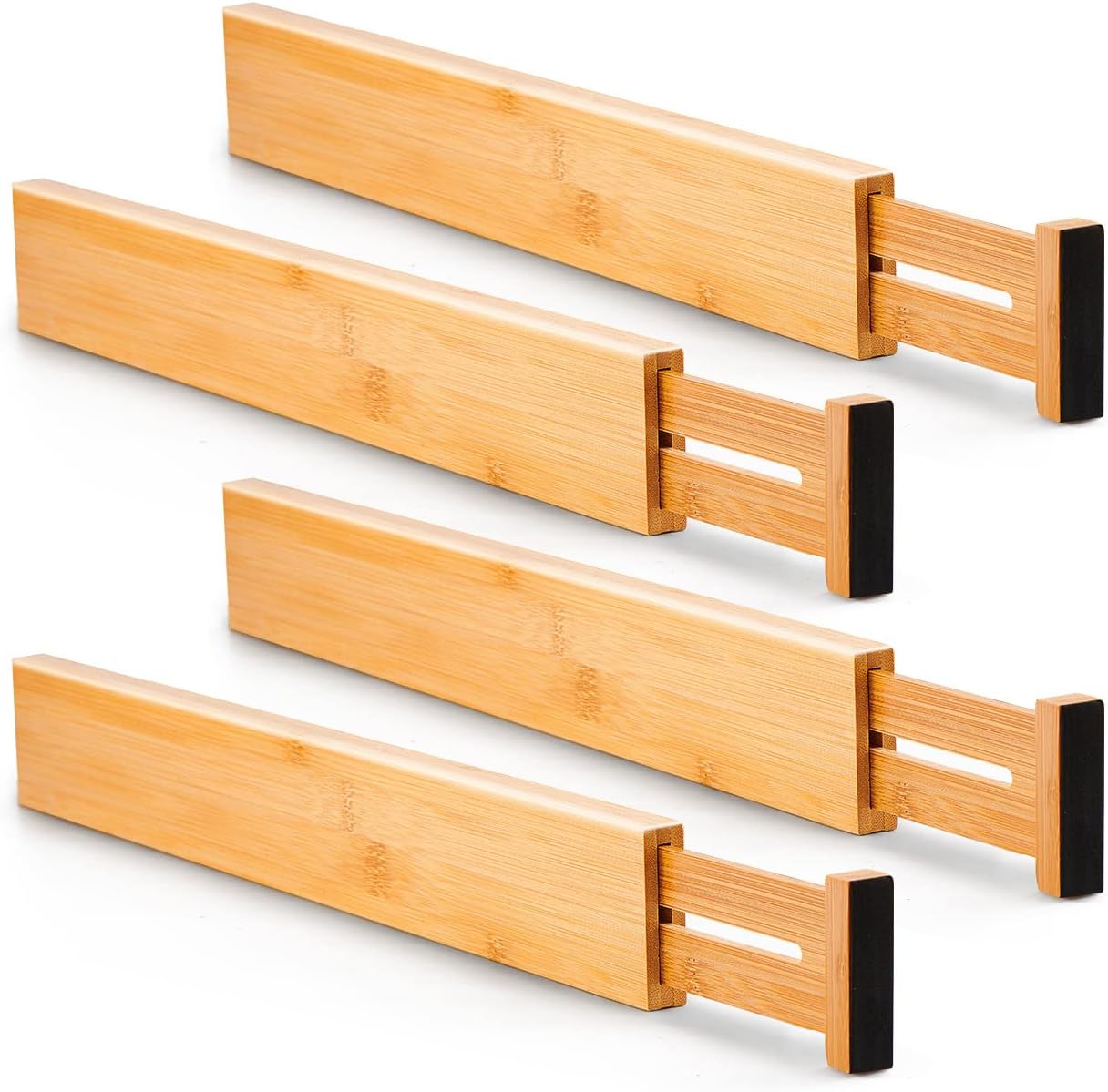4 pcs Bamboo Kitchen Drawer Dividers, Adjustable Drawer Organizers, Spring Loaded, Works in Kitchen, Dresser, Bathroom, Bedroom, Drawer, Desk