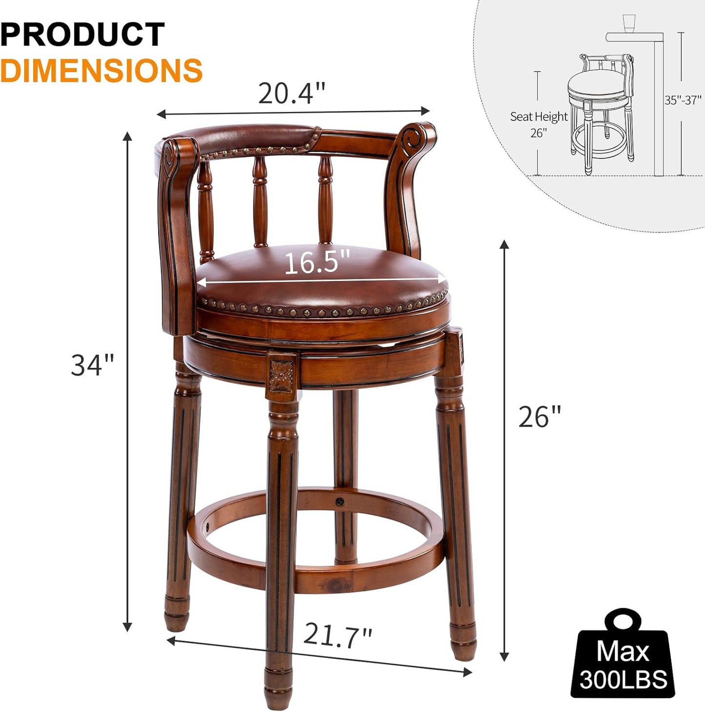 NEW - Bar Stools Modern Swivel Barstools,Kitchen Counter Genuine Leather Upholstered Island Barstool with Footrest for Home Kitchen Dining Room (Brown, Seat Height 26 in) - Retail $240