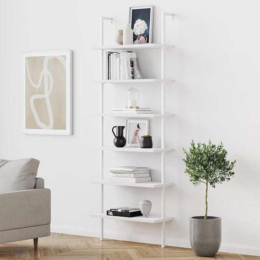 NEW - Nathan James Theo 6-Shelf Tall Modern Bookshelf, Wall Mount Ladder Shelf Bookcase with Wood and Industrial Metal Frame, Matte White - Retail $199