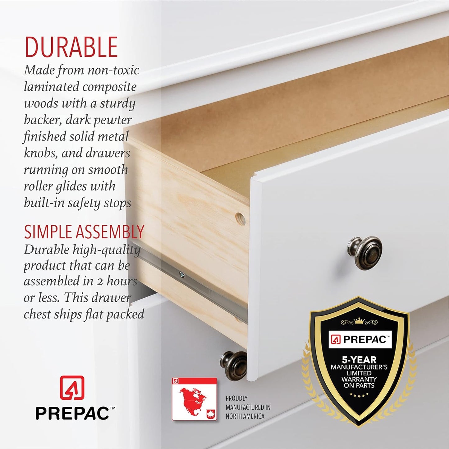 New w/ minor dmg - Prepac Sonoma Superior 5-Drawer Chest for Bedroom - Spacious and Stylish Chest of Drawers, Measuring 16"D x 31.5"W x 45.25"H, In White Finish - Retail $167