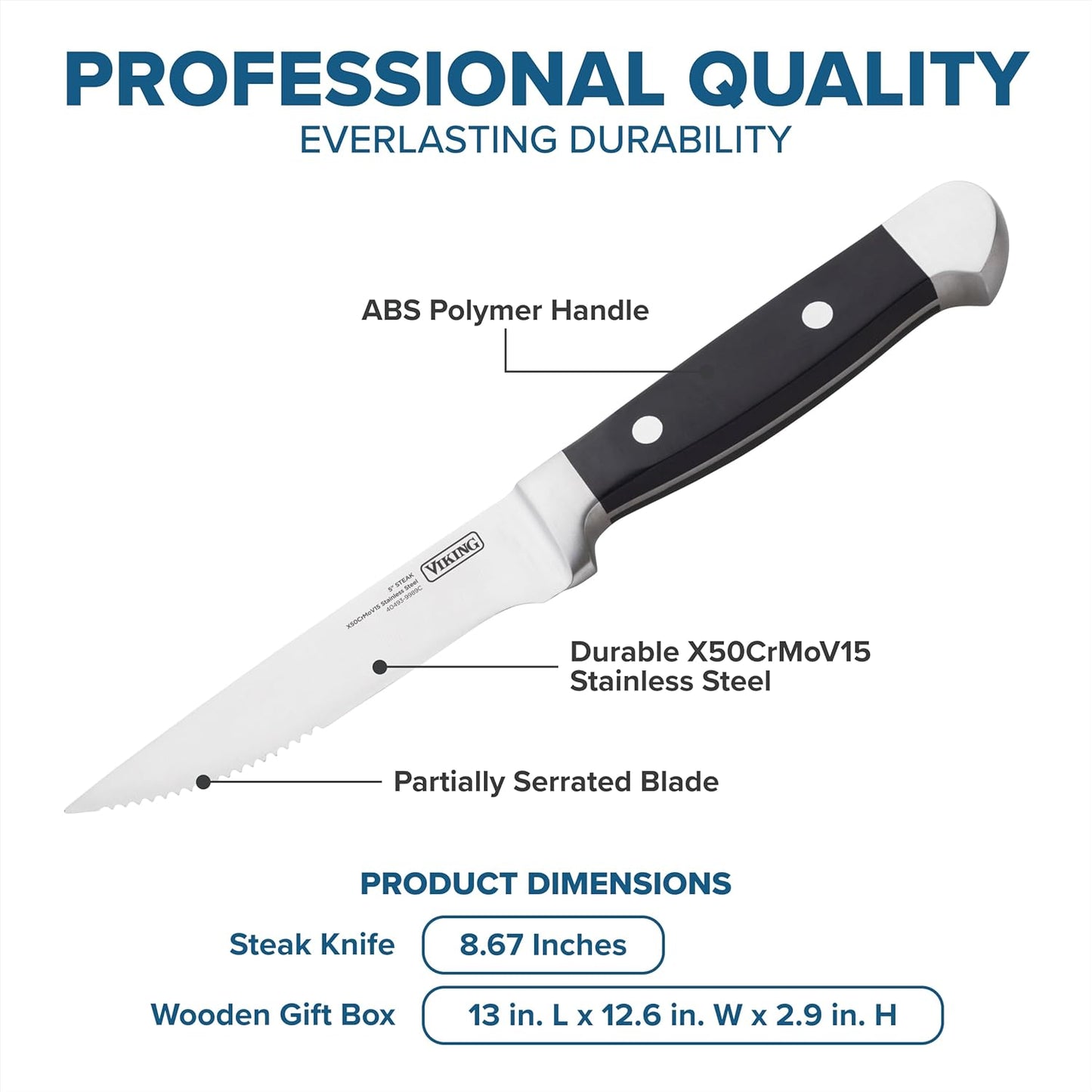 Viking Steak Knife Set, 8 Piece Stainless Steel Kitchen Knives Set with ABS Polymer Handles, Includes Wooden Gift Box, Hand Wash Only, Black - Retail $86