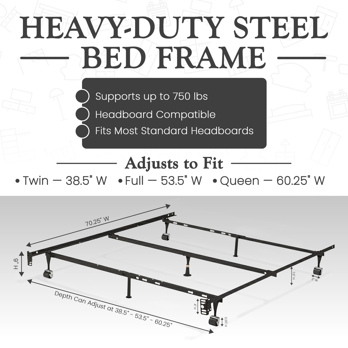 Kings Brand Furniture 7-Leg Heavy Duty Adjustable Metal Bed Frame – Queen/Full/Full XL/Twin/Twin XL, Center Support Rail, Locking Wheels, Noise-Free, Easy Assembly – Support for Box Spring & Mattress