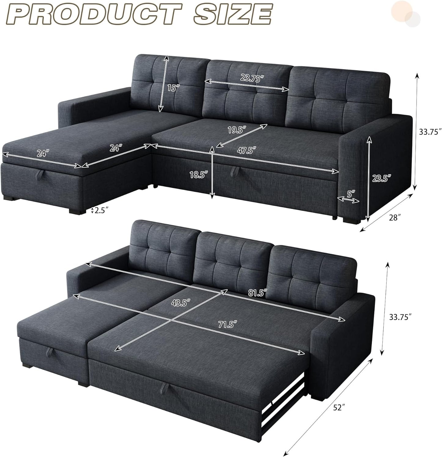 NEW - ACQCA Dark Grey 81.in Sectional Sleeper Sofa with Storage Chaise, L Shaped Pull Out Couch Bed with 3 Removable Back Cushion for Living Room,Apartment,Office,Dark Grey - Retail $443
