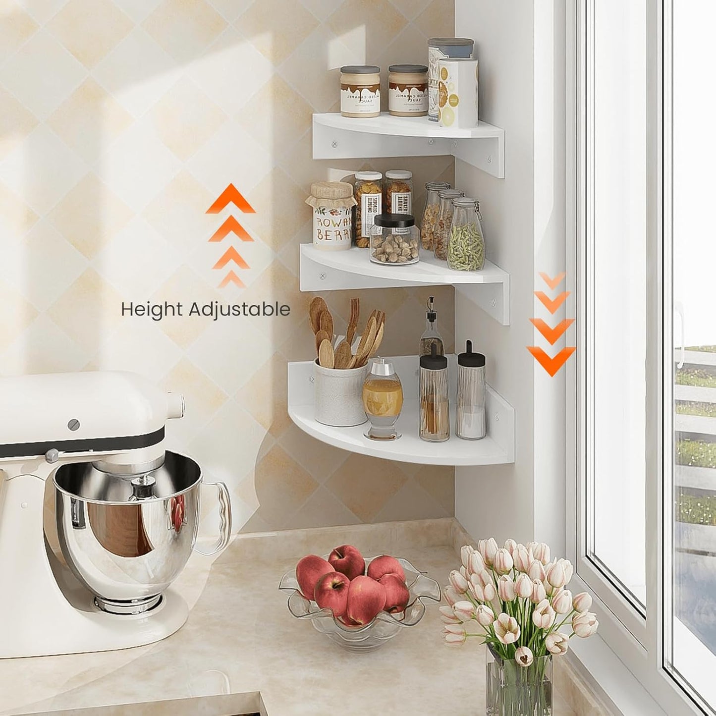 Homode White Floating Corner Shelves, Set of 3 Wood Corner Wall Shelves with Wire Hole, 12 Inch Deep