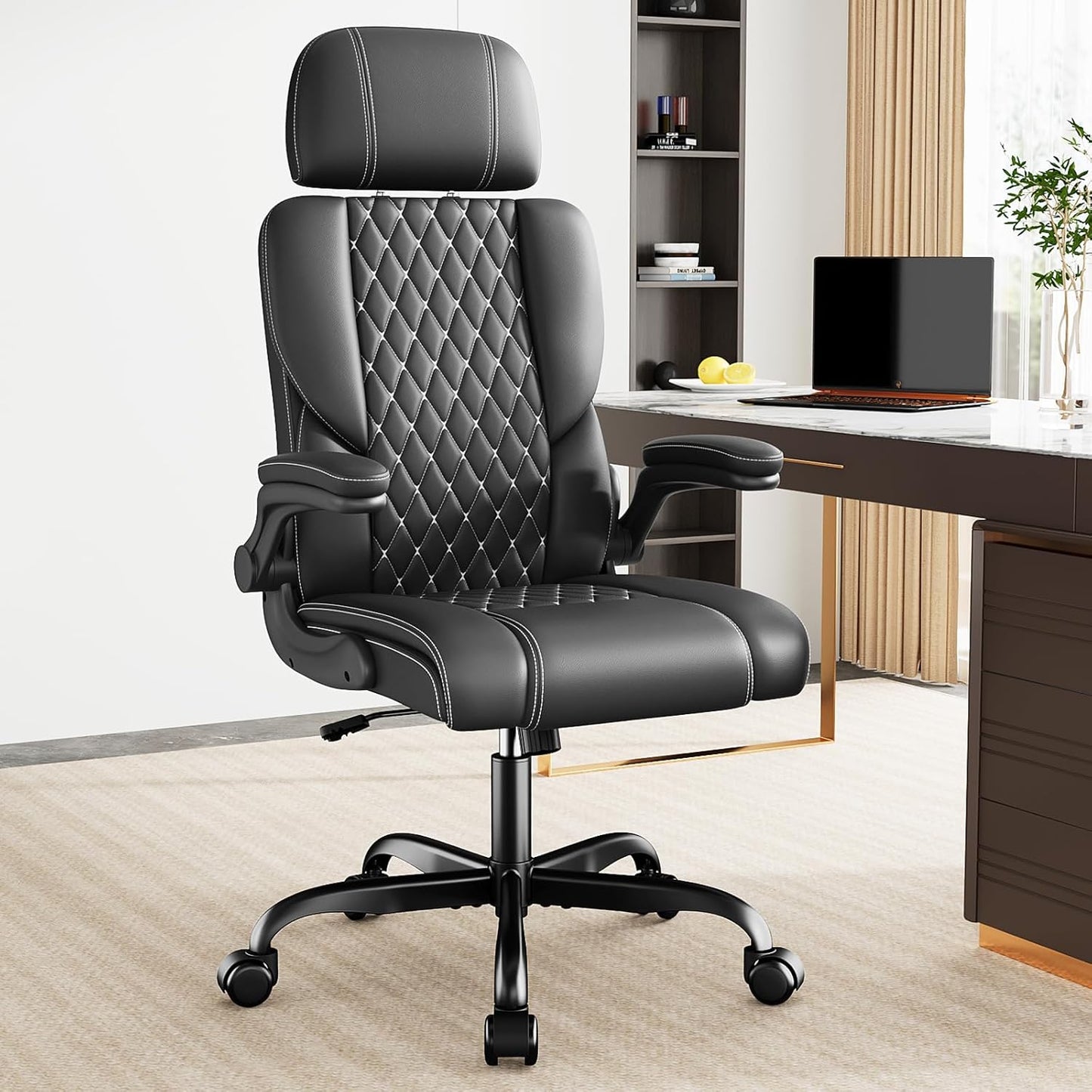 NEW - Sytas Executive Leather Office Chair, Comfy Desk Chair with Adjustable Headrest & Flip-up Padded Arms & Lumbar Support, Adjustable Hight and Tilt, Rolling Swivel Chair, Black - Retail $200