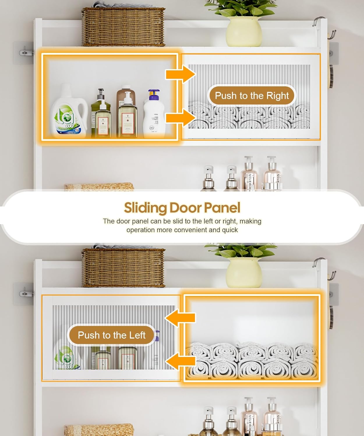Over The Toilet Storage Cabinet with Acrylic Sliding Door Panel, Bamboo Organizer Shelf with 2 Paper Drawers and 1 Big Drawer,Space Saver Rack for Bathroom (White)