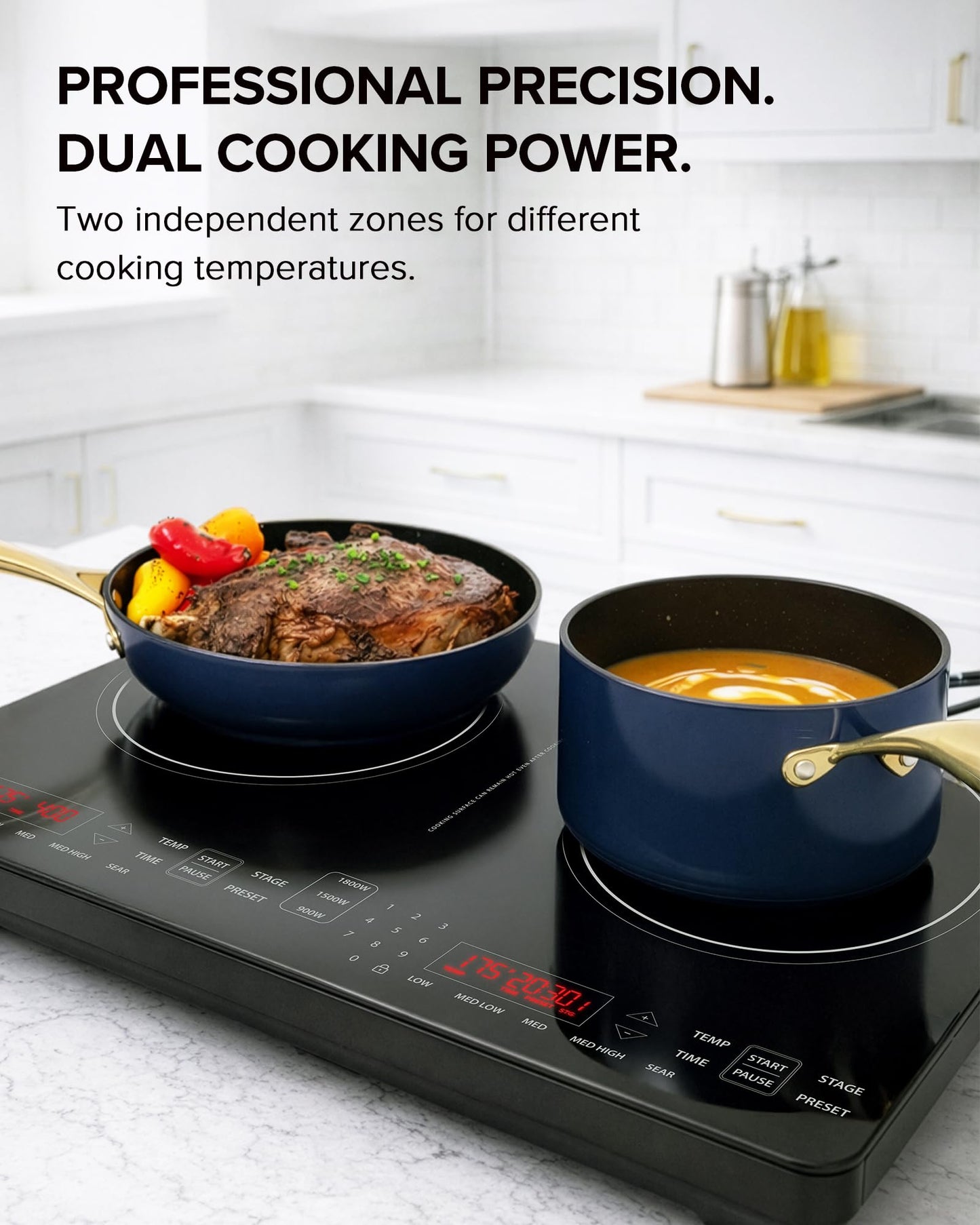 Nuwave PIC Double Portable Induction Cooktop, 900W/1500W/1800W Options, Two 8” Heating Zones, 106 Precise Temperatures from 50°F–575°F in 5°F Increments, Shatter-Resistant Ceramic Glass