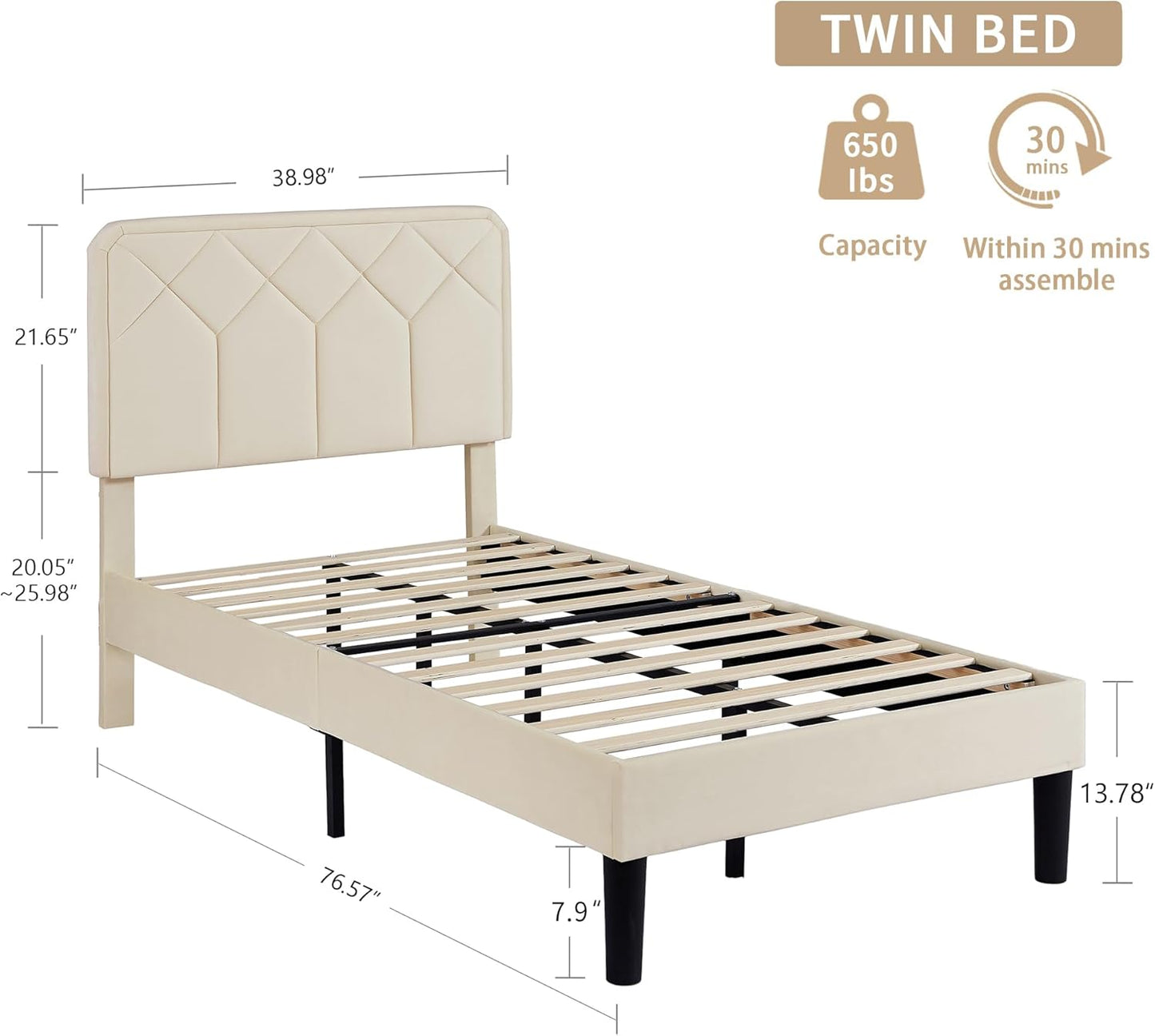 NEW - VECELO Twin Size Bed Frame Premium Velvet Upholstered Platform with Height Adjustable Headboard/Mattress Foundation, Solid Wooden Slat Support, No Box Spring Needed/Easy Assembly - Retail $150