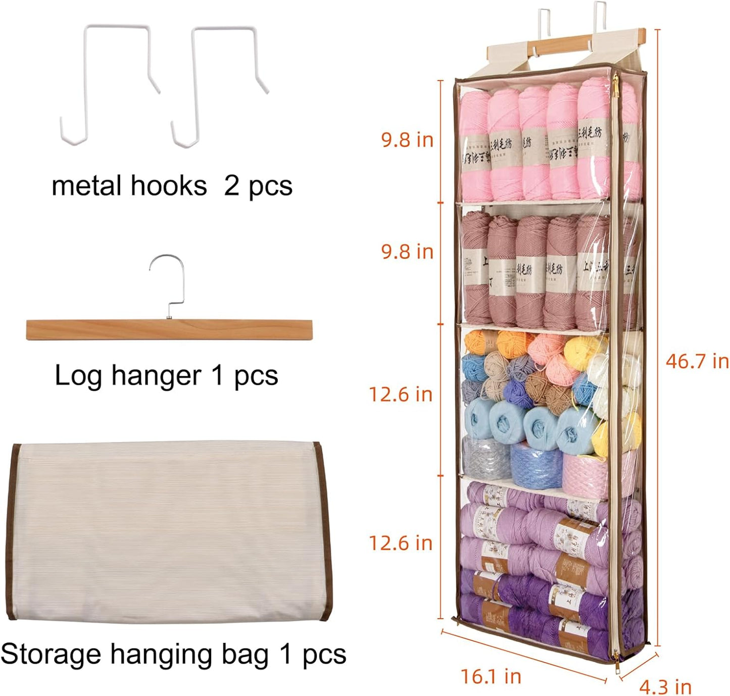 Hanging Yarn Storage with 4 Large Pockets, Clear Knitting Organizer Storage with Zippers for Crochet Lovers, Hanging Yarn Holder with Over-Door Hooks for Knitting Needles Crochet Hooks