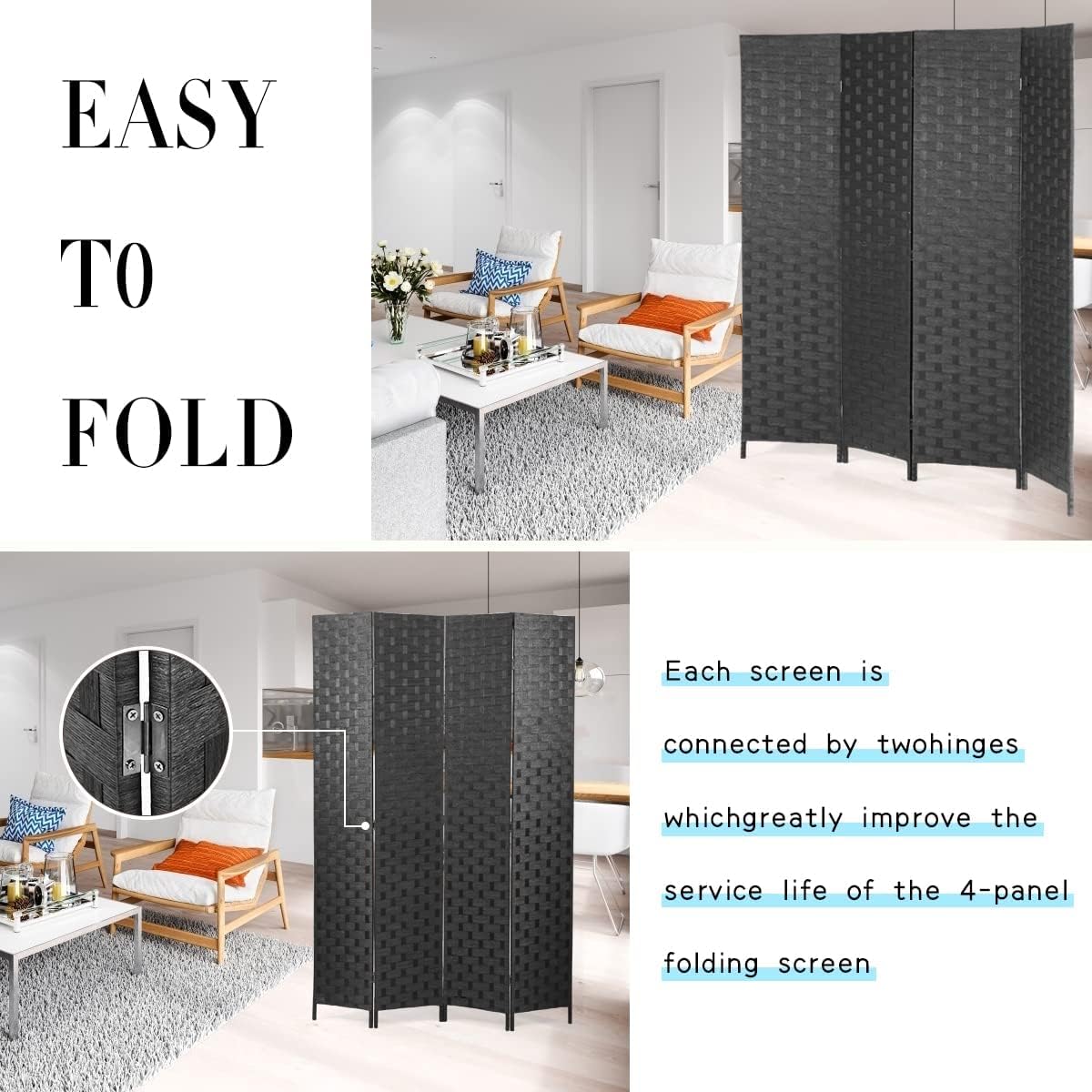 Room Divider 4 Panel 6ft Tall, Wood Folding Room Divider Screens Wood Mesh Hand-Woven, Black, WS180, ‎17.73 x 17.73 x 70.92 inches - Retail $70