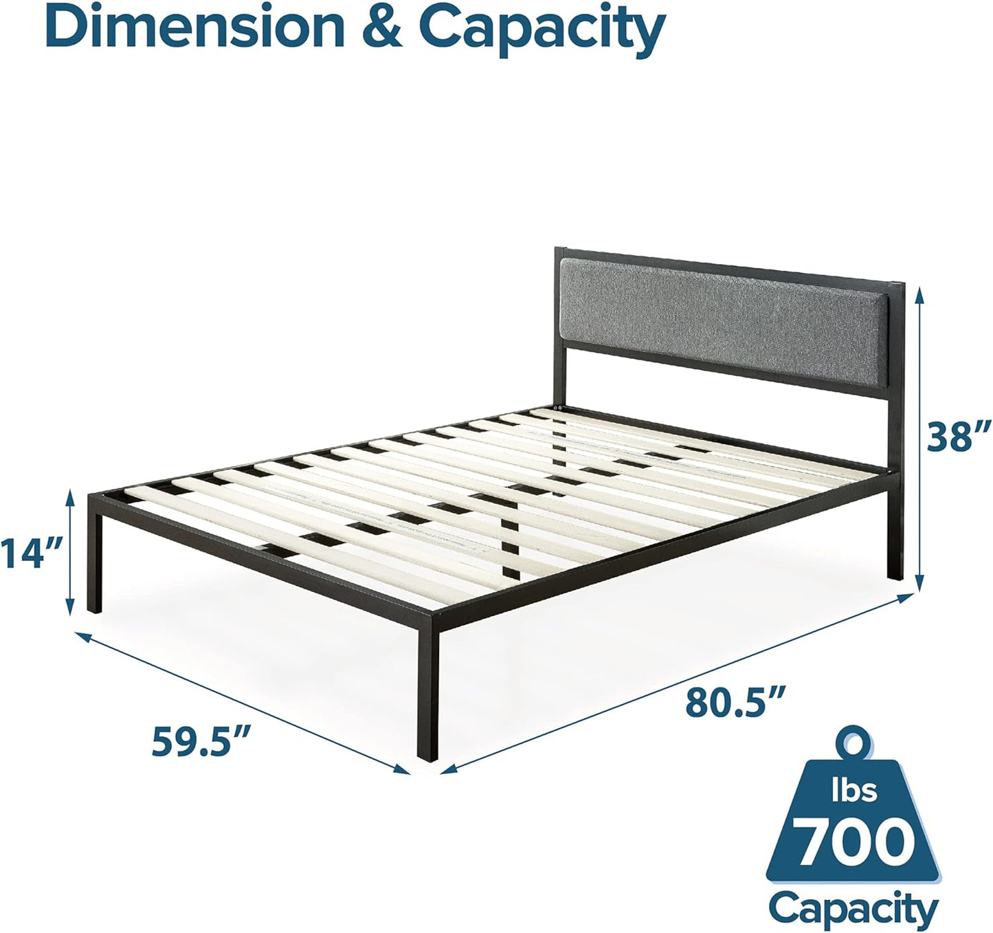 NEW - ZINUS Korey Metal Platform Bed Frame with Upholstered Headboard, Wood Slat Support, No Box Spring, Easy Assembly, Queen - Retail $185