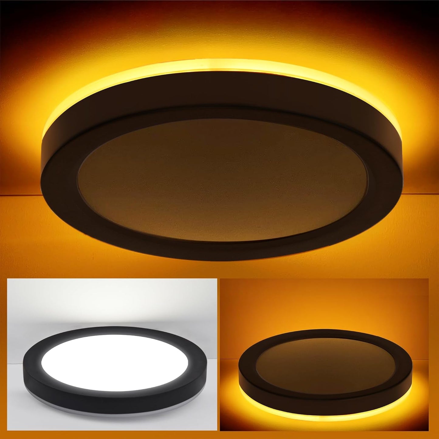 Hlite 7.5 Inch Flush Mount LED Ceiling Light with Night Light, CRI90, 15W, 1500 LM, 3000K/4000K/5000K Selectable, Flat Round LED Ceiling Light, Dimmable Bedroom Lights for Ceiling, Black(1Pack)