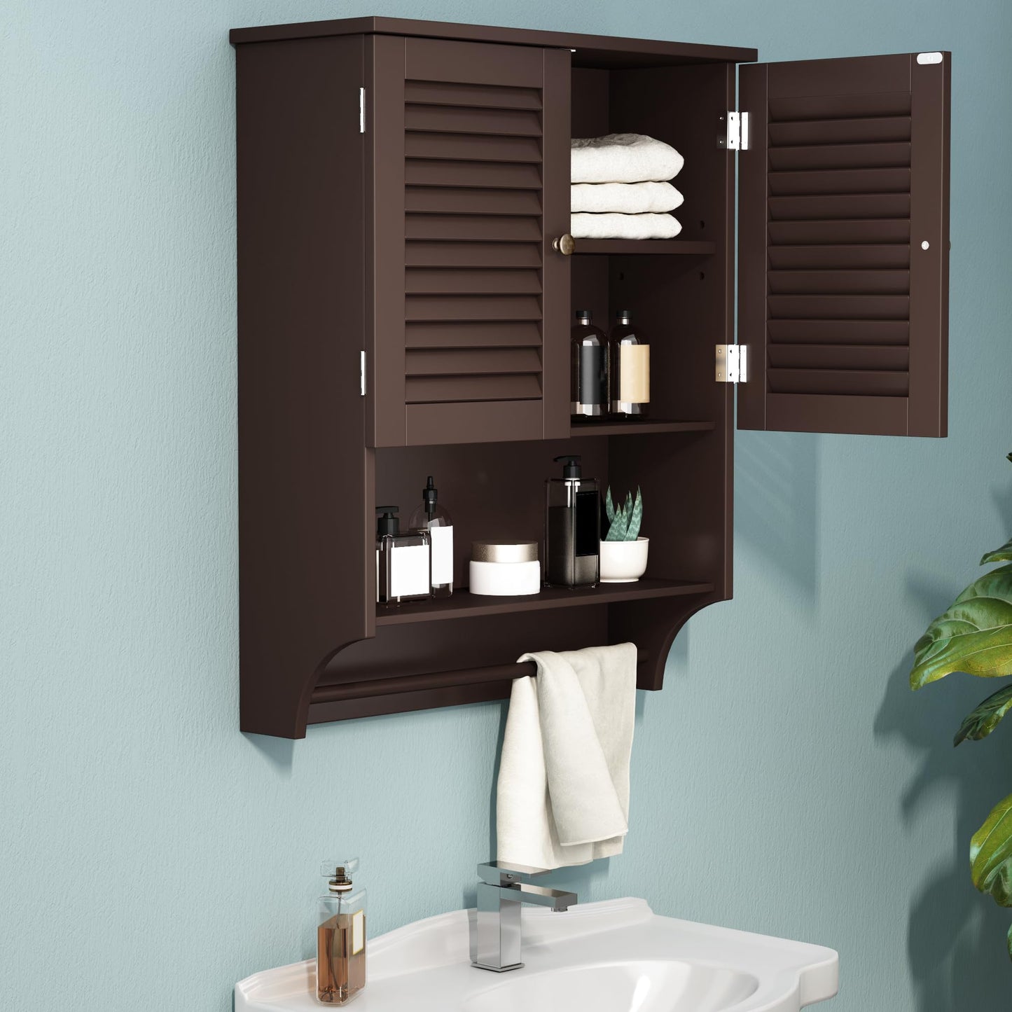 ChooChoo Bathroom Wall Cabinet with Towels Bar, 23.6" L x8.9 W x29.3 H MDF Material Medicine Cabinet, 2 Doors Over The Toilet Space Saver Storage Cabinet with Large Space, Espresso