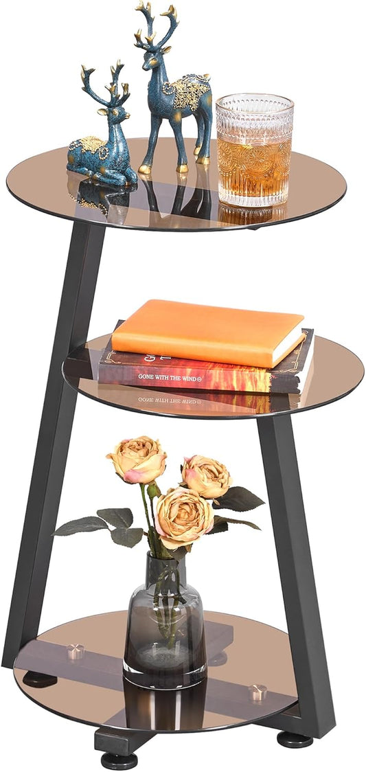 BEWISHOME Round End Table Tempered Glass Side Table with Metal Frame, Accent Table Nightstand Bedside Table with 3-Tier Shelves, Small Table for Living Room Bedroom Small Round Table Tawny KTZ41S