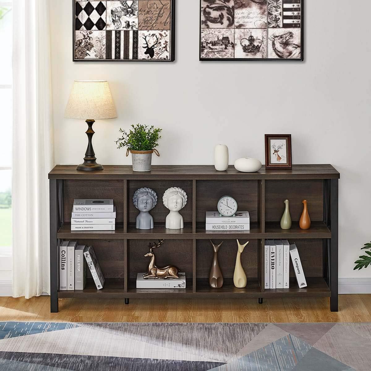NEW - FATORRI 8 Cube Storage Organizer Bookshelf, Rustic Wood Cubby Bookcase, Industrial Horizontal Long Shelf for Living Room (Walnut Brown, 62 Inch) - Retail $229