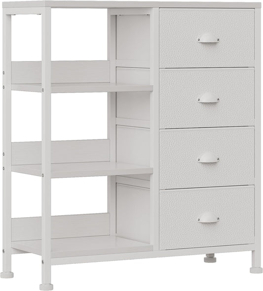 NEW - Furologee 4 Drawers Dresser for Bedroom, Small White Dresser with Shelf, Nightstand Side Table for Entryway, Living Room, Lightweight Fabric Storage Drawer Organizer Unit, Wood Top, Metal Frame - Retail $99
