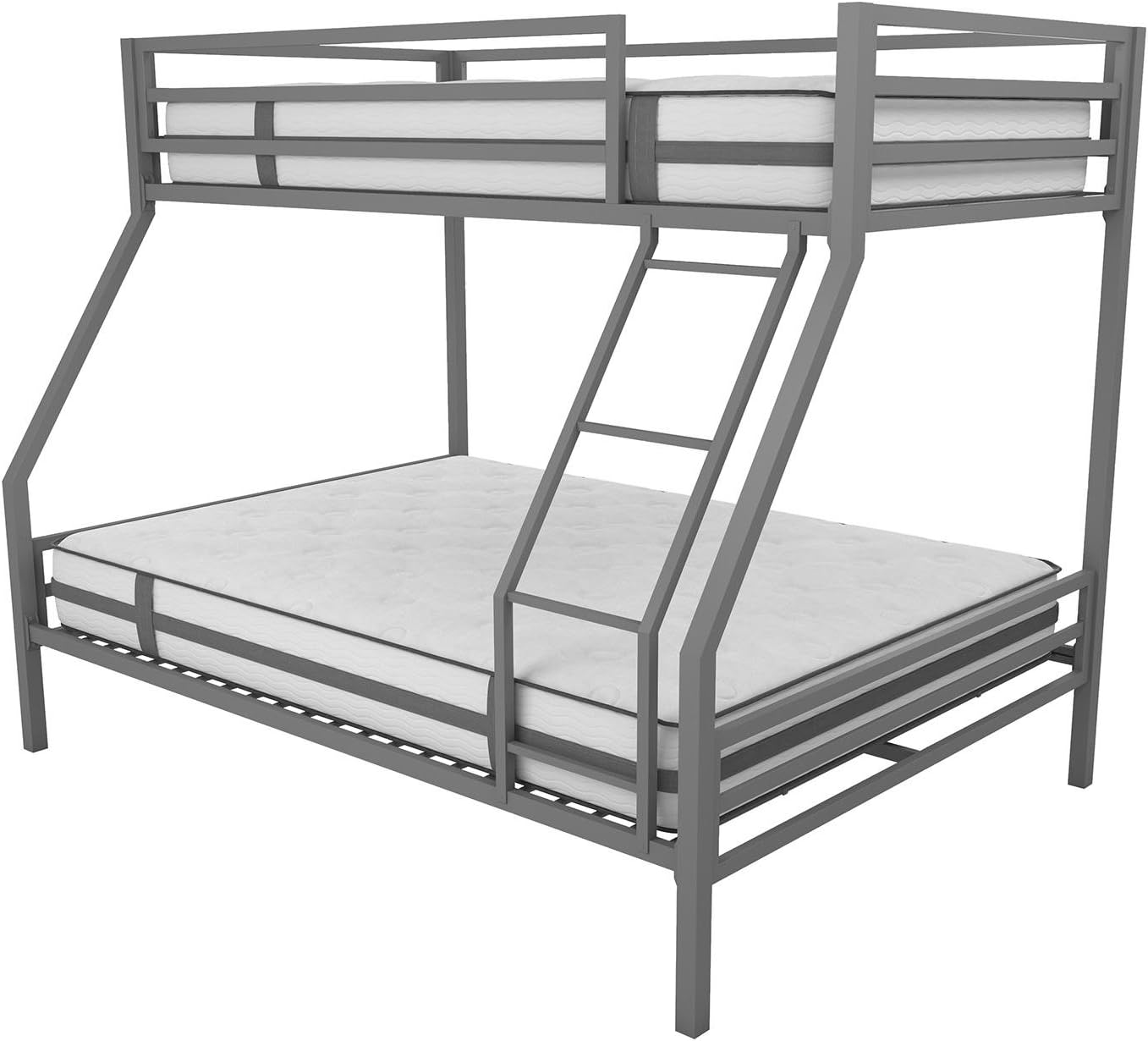 NEW - Novogratz Maxwell Metal Bunk Bed Frame for Kids and Teens, with Angled Ladder, High Guardrail and Metal Slats, No Boxspring Required, Underbed Storage Space, Twin-over-Full, Gray - Retail $229