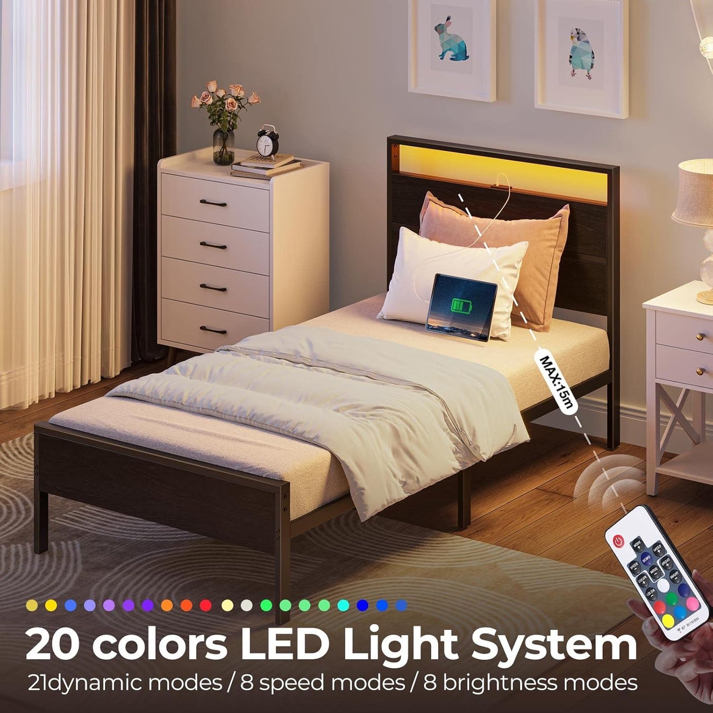 Rolanstar Twin Bed Frames with Headboard, Twin Bed with LED Lights, Camas Twin Size Bed with Charging Station, Solid Metal Slats, Noise Free, No Box Spring Needed, Black