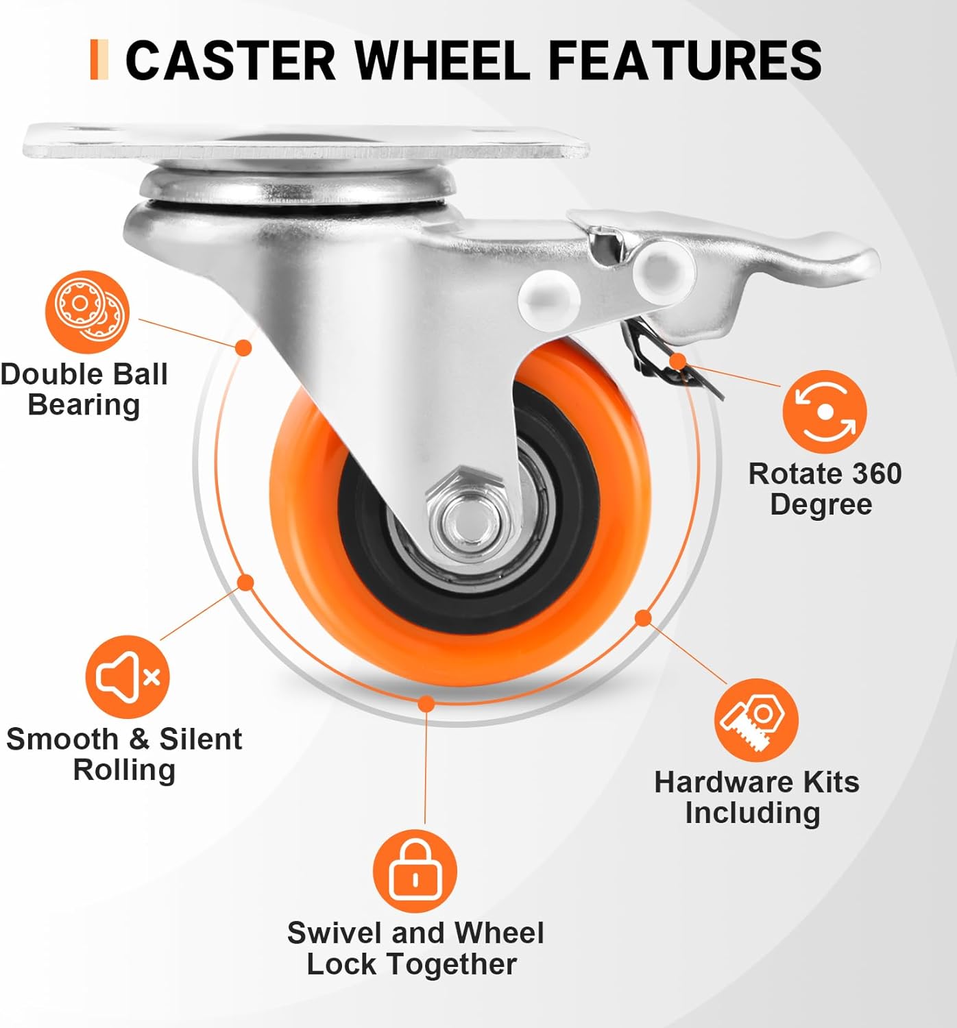 W B D WEIBIDA 5 inch Swivel Caster Wheels with Dual Locking, Heavy Duty Castors Set of 4, Silent Rolling, Top Plate Casters for Cart, Workbench, Furniture (Hardware Kits)