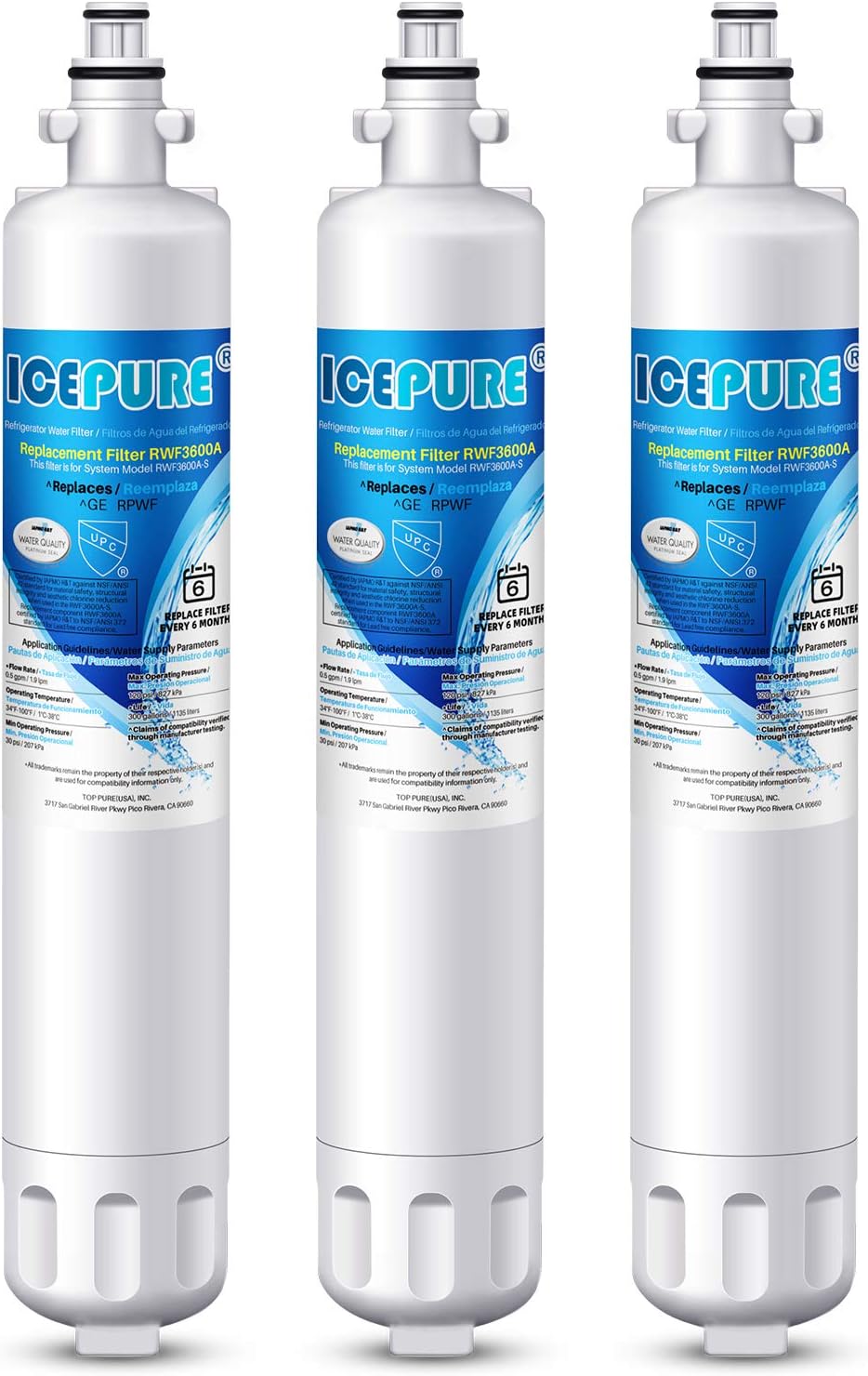 ICEPURE RPWF Refrigerator Water Filter, Replacement for GE RPWF, RWF1063, RWF3600A, WDS-RPWF, WSG-4, DWF-36, R-3600, AQF-RPWF, MPF15350, OPFG3-RF300, WF277, 4Pack