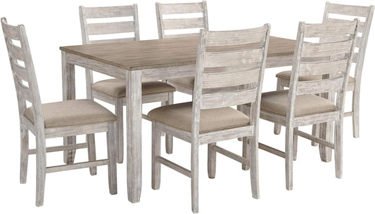 NEW - Signature Design by Ashley Skempton Cottage Dining Room Table Set with 6 Upholstered Chairs, Whitewash, 36inW x 60inD x 30inH - Retail $699