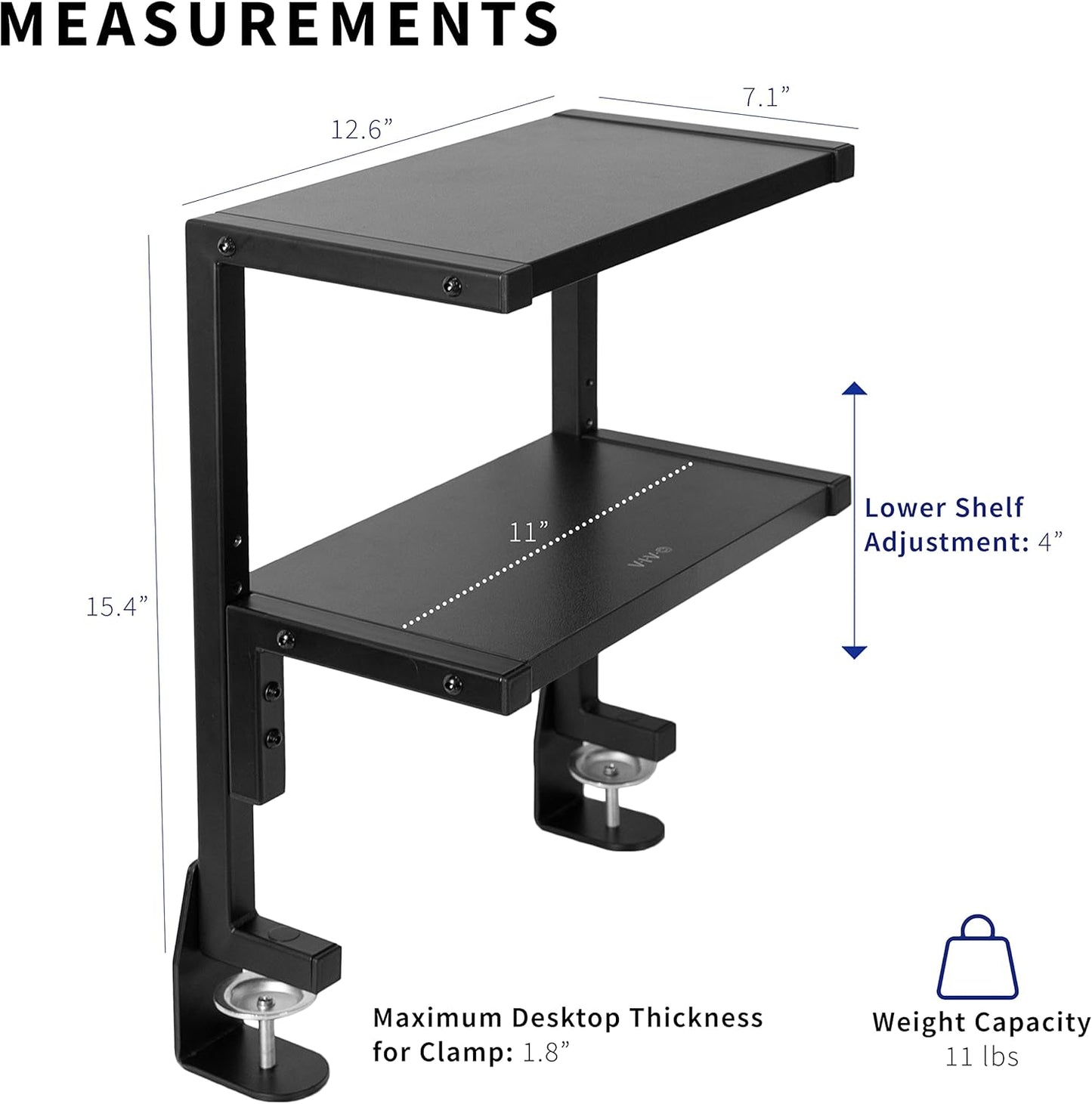 VIVO Clamp-on 13 inch Above or Below Desk 2-Tier Shelving Unit for Table Accessories, Gaming Devices, and More, Storage Tray, Desktop Organizer, Black, STAND-SHELF2C - Retail $40