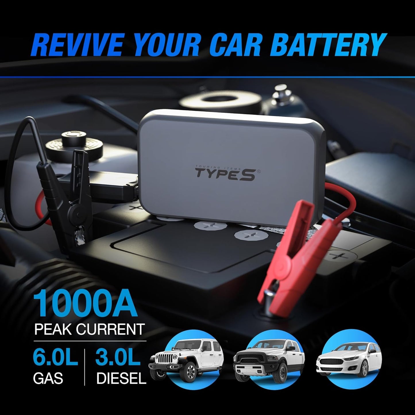 Type S Dynamic D10 1000A Portable Battery Car Jump Starter with Power Bank, 12V 6L Gas 3L Diesel, LCD Display, Battery Jump Box, 8000mAh, LED Flashlight, IP64 Splash-Proof, USB-C & USB-A, UL Listed - Retail $80