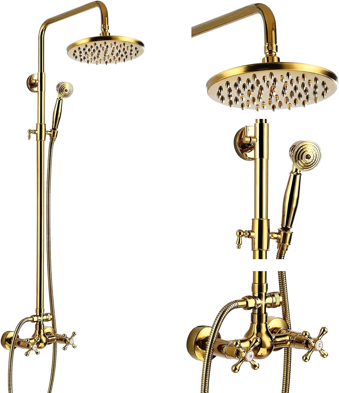 NEW - gotonovo Shower Fixture 8 Inch Rainfall Shower Head with Handheld Spray Polish Gold Dual Knobs Mixer Bathroom Shower Combo Set Wall Mount - Retail $169