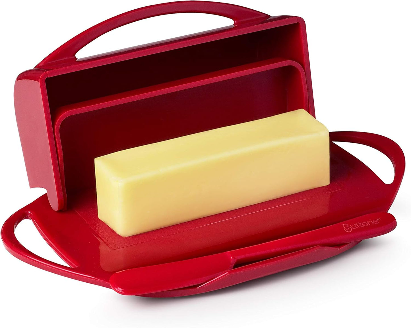 Butterie Flip-Top Butter Dish with Lid & Matching Knife, Holds 2 Sticks/European Butter, No-Mess Butter Holder, Shatterproof, Dishwasher Safe, Red - Retail $19
