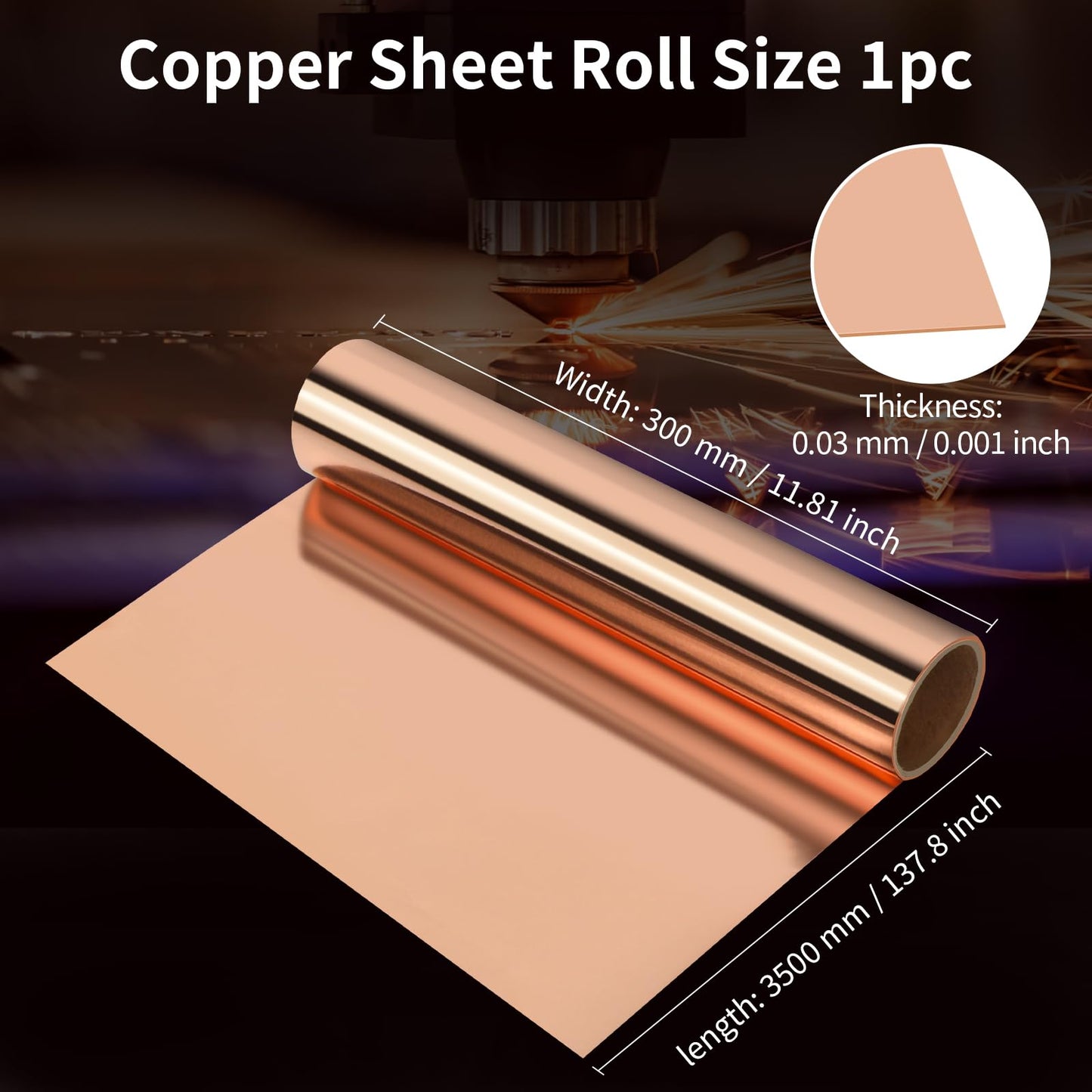 Thin Copper Sheet Roll 99.99% Pure Copper Foil for Crafts Bendable Soft Copper Sheet 137.8x11.81x0.001 Inches Flashing Strip Metal Plate 3500mm x 300mm x 0.03mm