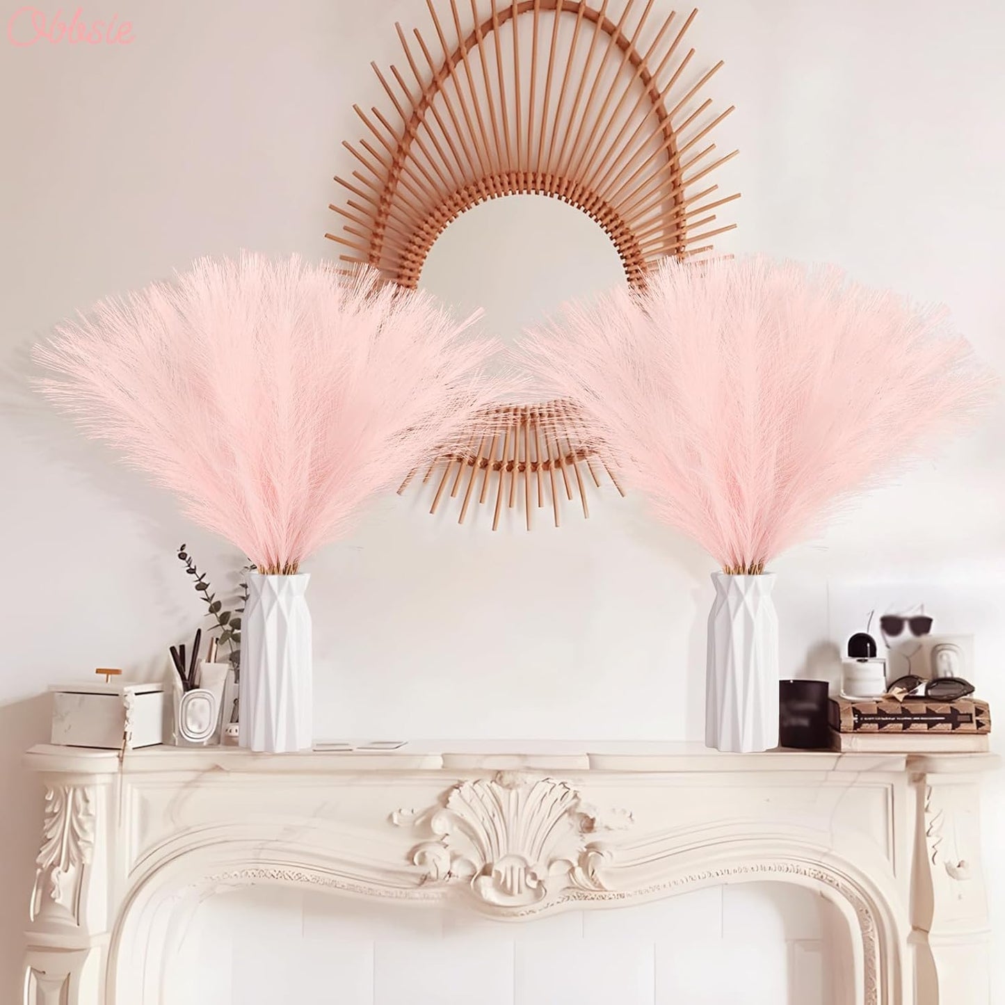 50pcs Pink Faux Pampas Grass Decor, 21.6" Short Artificial Pompous Grass Floral Fake Pompas Grass Branches Vase Filler Flower Arrangement for Home Wedding Boho Decor