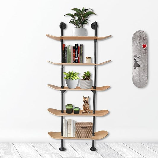 NEW - Industrial Shelves - 5 Tier Industrial Decor Pipe Bookcase Using 7 Ply Skateboard Decks - Natural Wood Stain Finish - Bathroom Wall Decor, Living Room Furniture, Book Shelf for Skateboard Enthusiasts - Retail $150