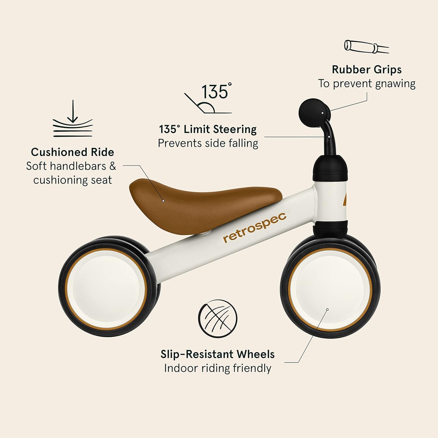 NEW - Retrospec Cricket Baby Walker Balance Bike with 4 Wheels for Ages 12-24 Months - Toddler Bicycle Toy for 1 Year Oldâ€™s - Ride On Toys for Boys and Girls - One Size,Eggshell - Retail $49