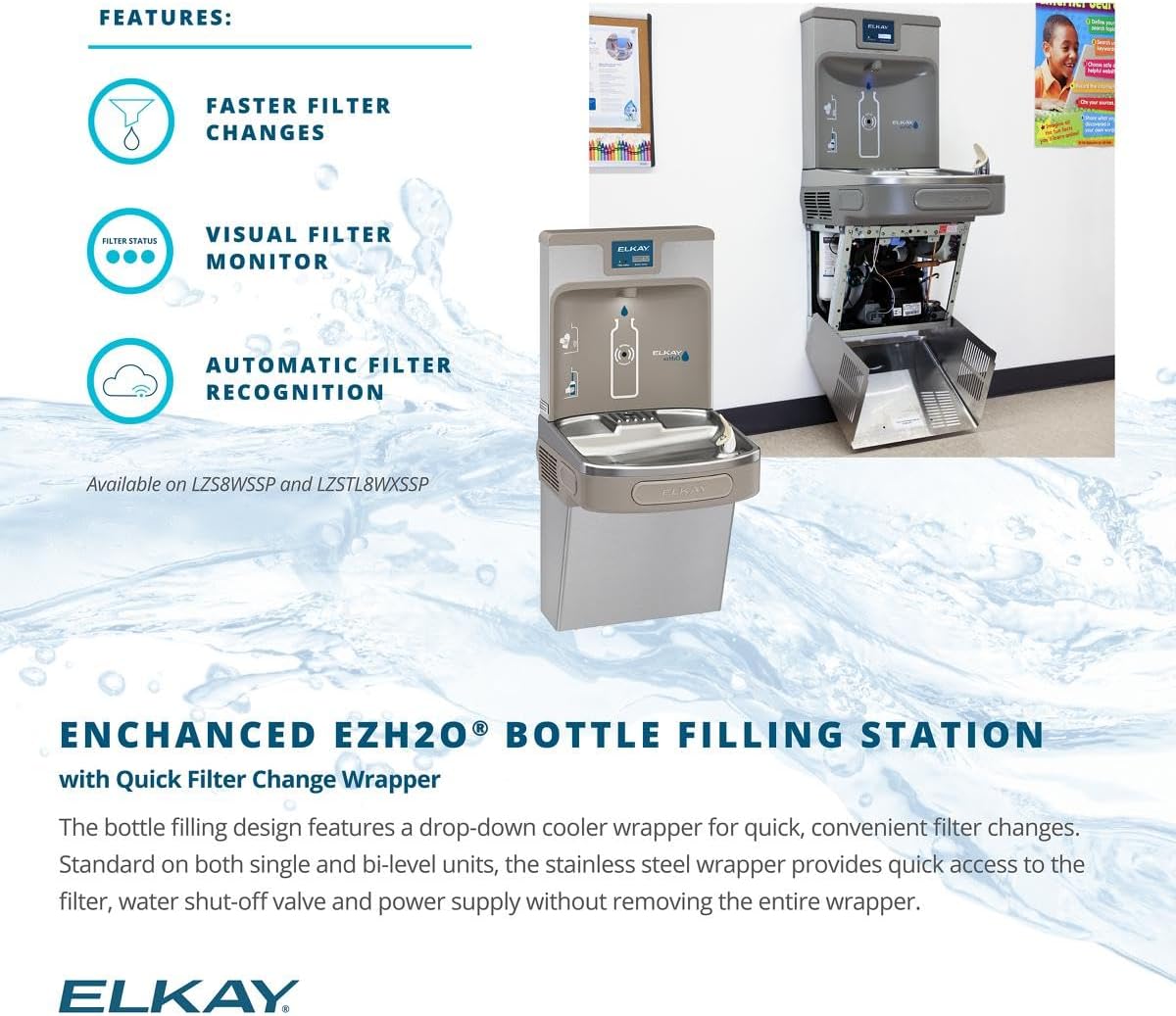NEW - Elkay LZS8WSSP Enhanced Bottle Filler & Single ADA Cooler Refrigerated Stainless High Capacity Lead Drop Down Wrapper
