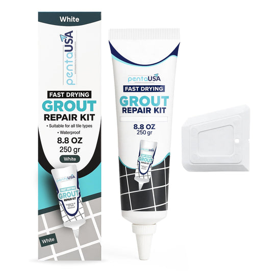 PentaUSA Tile Grout Repair Kit - White Grout Filler, Triple Protection, Fast Drying Formula Restores and Renews Grout Lines with Scraper (White, 8.8oz / 250gr)