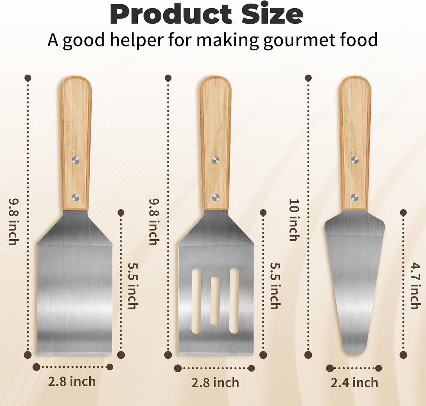 3 Pieces Stainless Steel Spatula Set, Metal Spatula for Cooking with Wooden Handle, Metal Spatulas for kitchen use