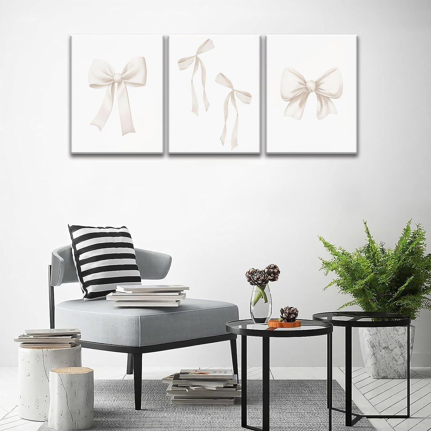 Djmwtb Preppy Bow Canvas Wall Art Beige Coquette Poster Prints Set of 3 Girly Apartment Aesthetic Pictures College Dorm Painting Decor for Girls Bedroom 16x24in Framed