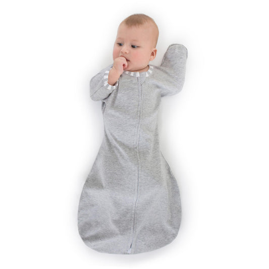 SwaddleDesigns Transitional Swaddle Sack, Arms Up Half-Length Sleeves & Mitten Cuffs, Swaddle for Newborn Transition to Baby Sleep Sack Wearable Blanket, 6-9 Month, 21-24 lb, Gray with Striped Trim