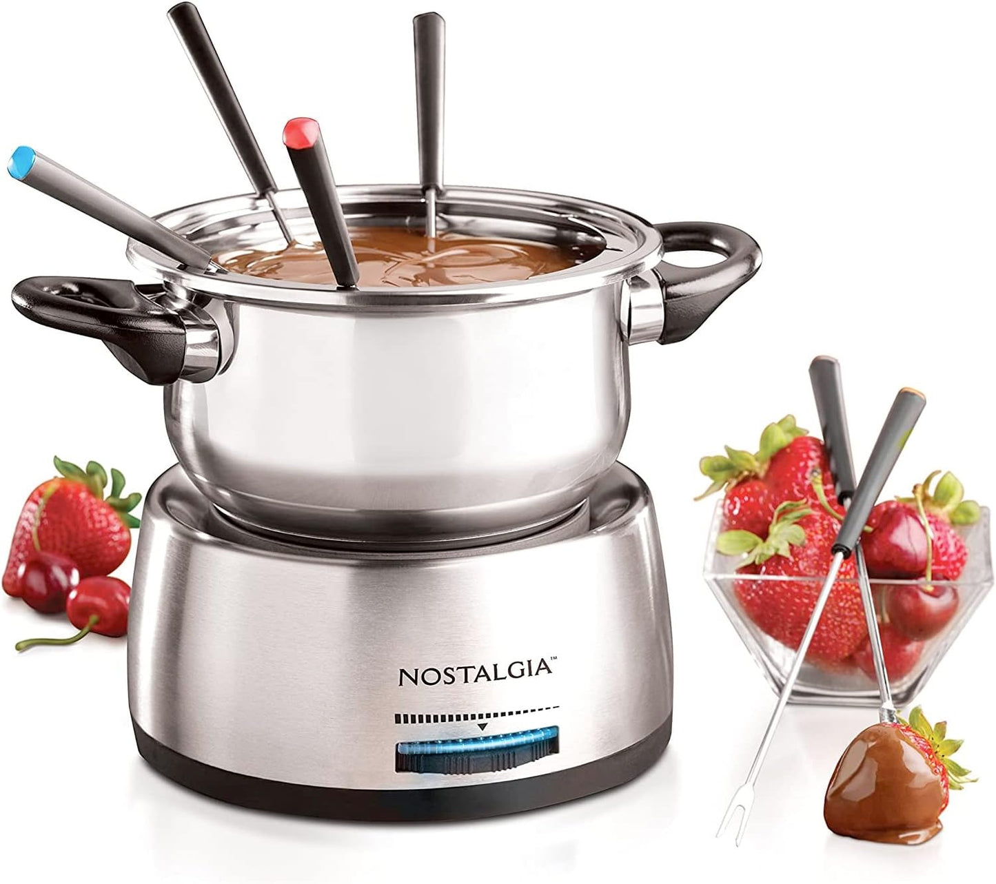 Nostalgia 6-Cup Electric Fondue Pot Set for Cheese & Chocolate - 6 Color-Coded Forks, Adjustable Temperature Control - Stylish Serving for Hors d'Oeuvres, Entrees, and Desserts - Stainless Steel - Retail $37
