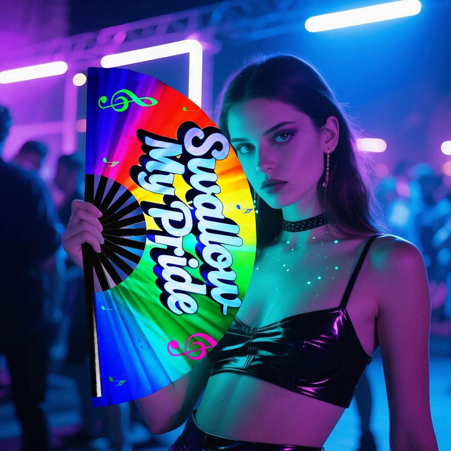SYNTECSO Folding Hand Fan for Rave, Popping Fan for Line Dancing, Drag Queen, Women and Men Gift，Chinese Japanese UV Glow Clack Fan for Parties, Music Festivals, EDM and Decoration