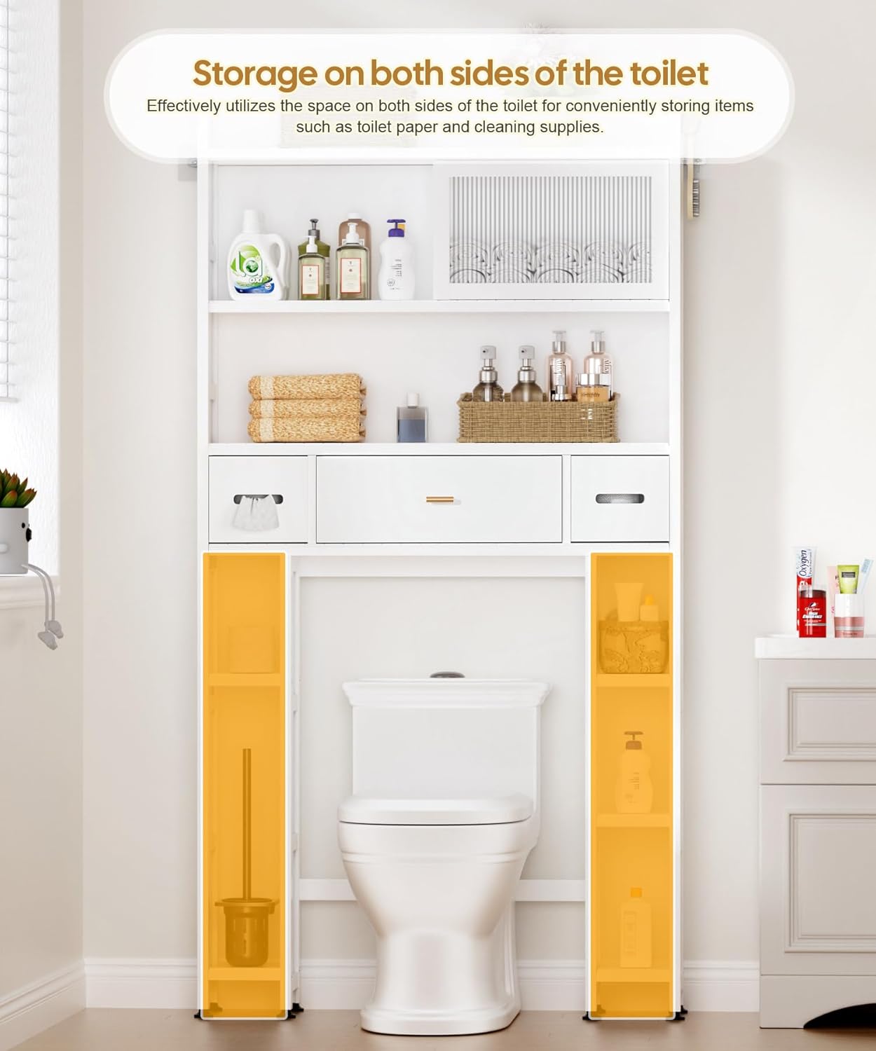 Over The Toilet Storage Cabinet with Acrylic Sliding Door Panel, Bamboo Organizer Shelf with 2 Paper Drawers and 1 Big Drawer,Space Saver Rack for Bathroom (White)