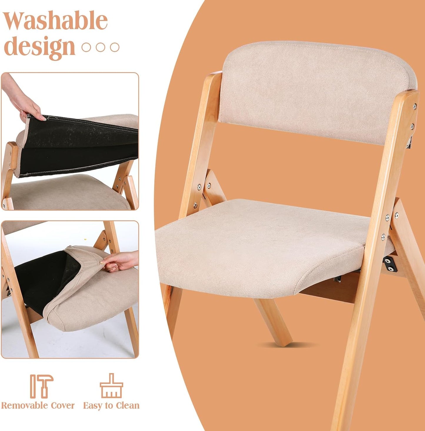 NEW - Kigley 2 Pack Folding Chairs with Padded Seats and Removable Cover, Wooden Foldable Dining Chairs Stackable Padded Single Folding Chairs for Home Office Wedding Party Events Indoor (Khaki) - Retail $197