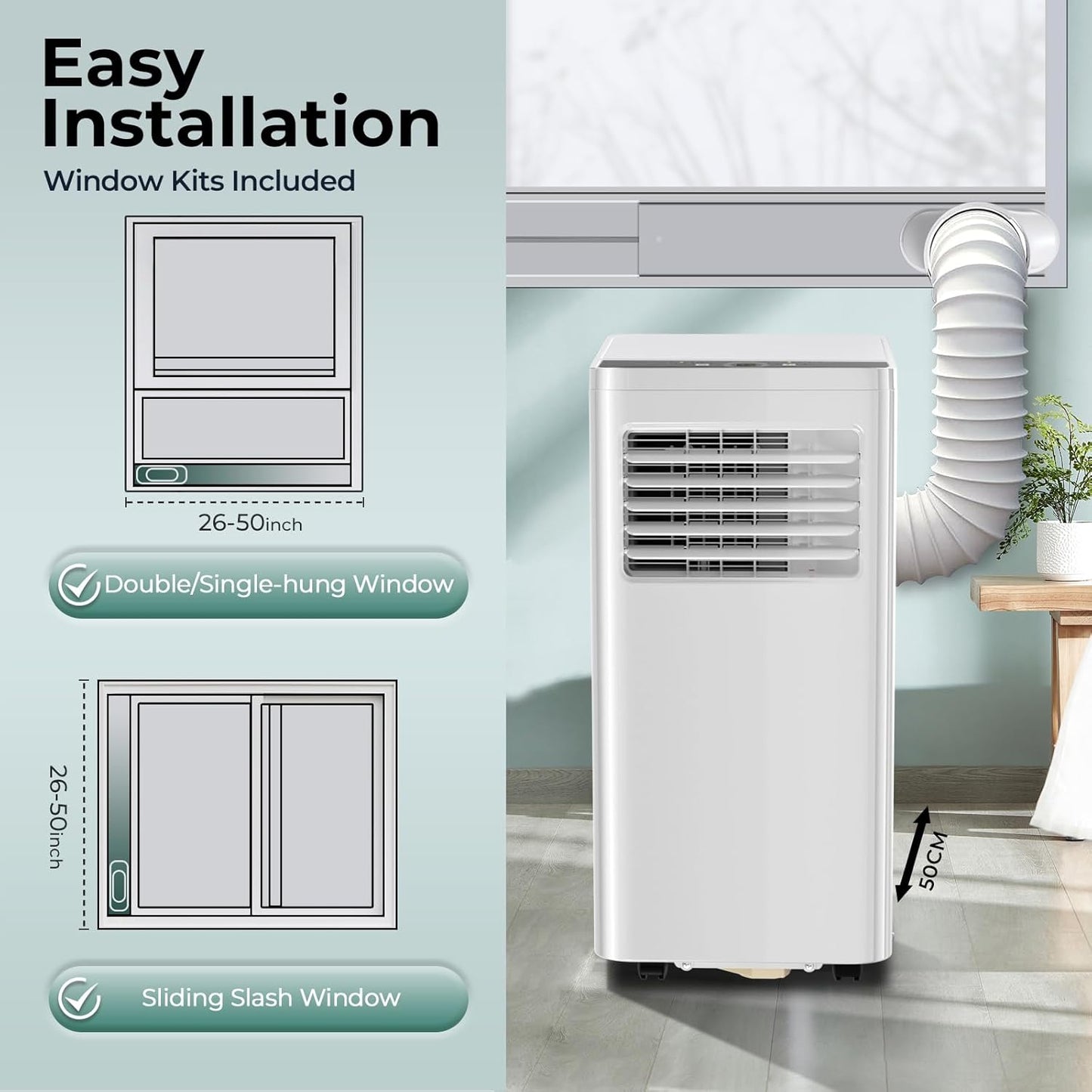 R.W.FLAME 10,000 BTU Air Conditioner cool Up to 450 Sq.Ft, 4 Modes Portable AC Unit with 24Hrs Timer/LED Display/Remote Control/Installation Kits, AC Unit for Bedroom, White