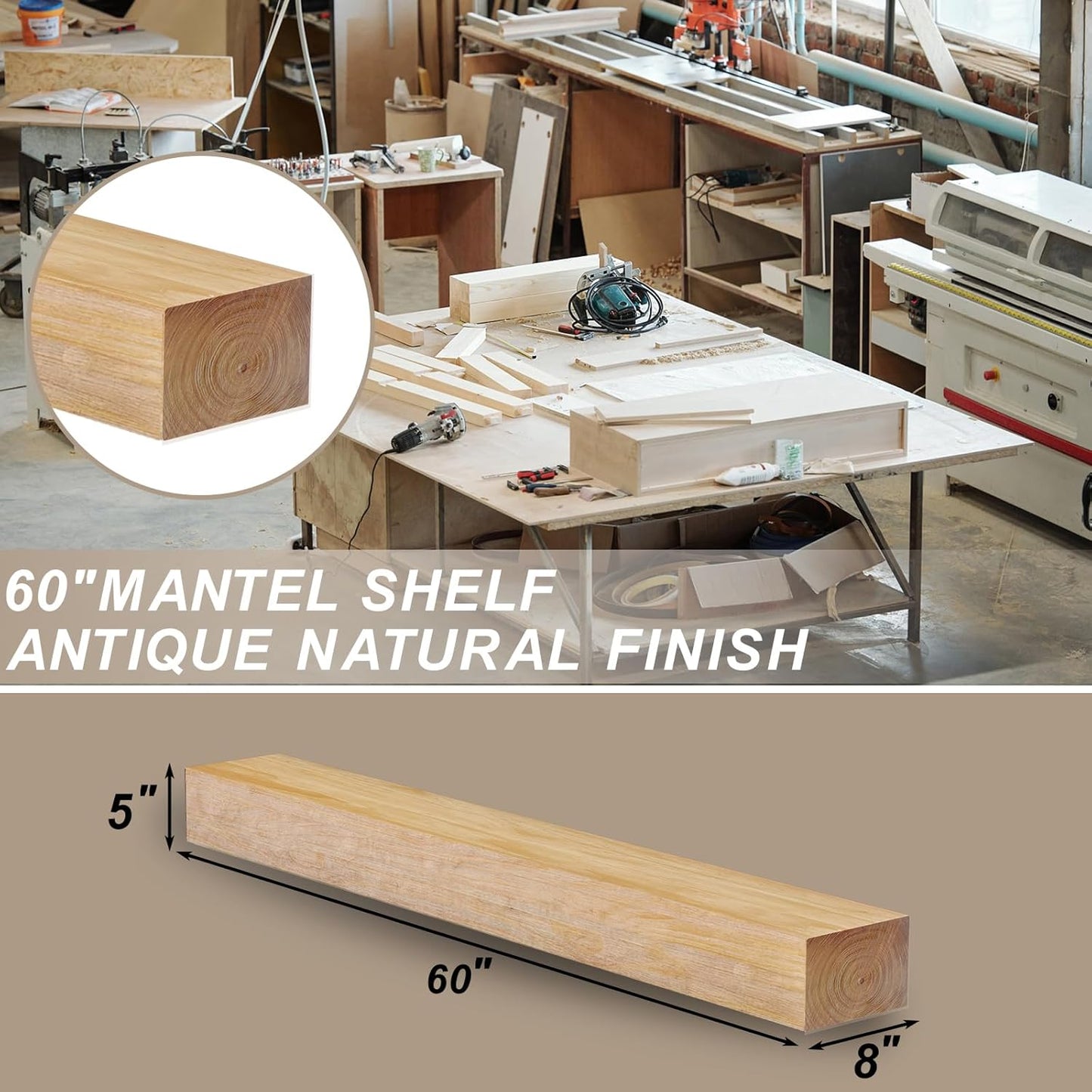 NEW - ROOMTEC Fireplace Mantel,60" Wood Floating Fireplace Shelves,Wall Mounted Wooden Display Shelving,Handcrafted Wood Brack,Natural Mantels Over Fireplace | 60" x 8" x 5"-Aged Oak - Retail $117