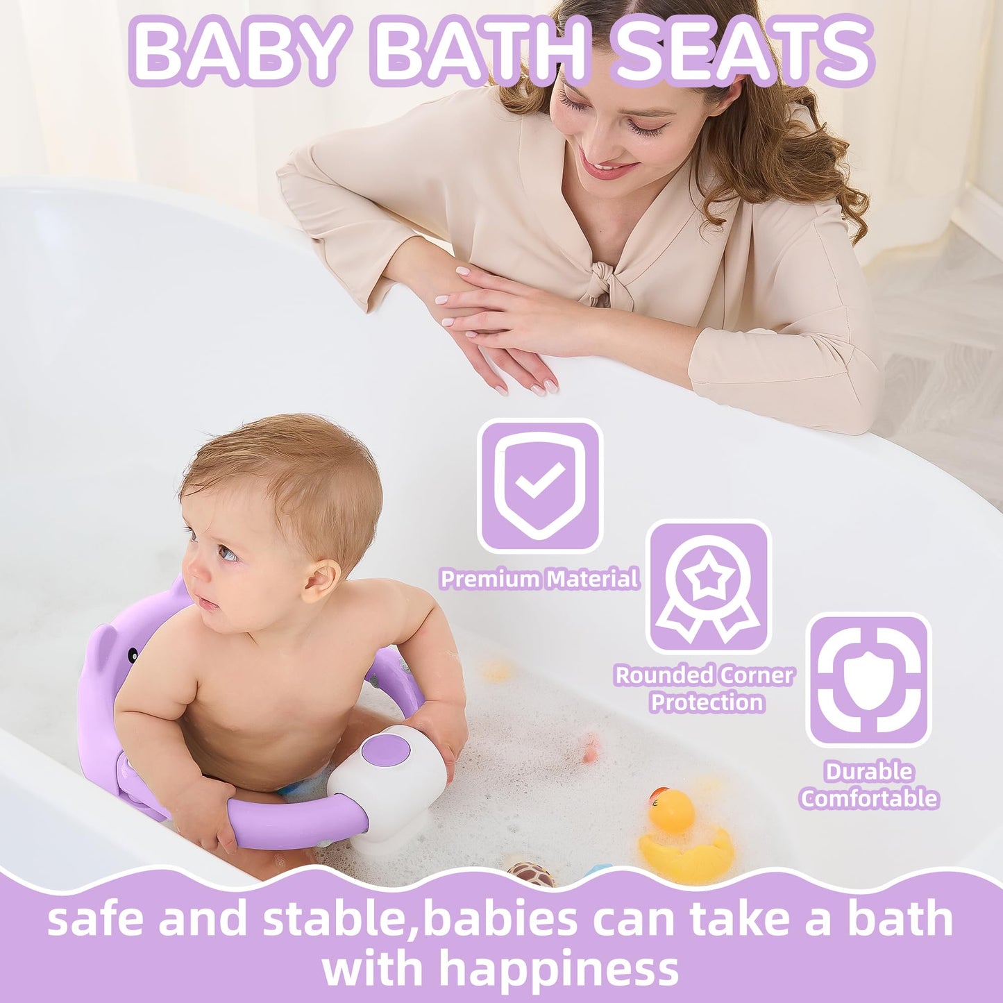 Baby Bath Seat for Babies 6 Months & up, Non-Slip Toddler Bath Seats for Babies Sitting Up, Safe Infant & Newborn Bathtub Chair with 4 Suction Cups & Soft Cushion for Shower,Lavender